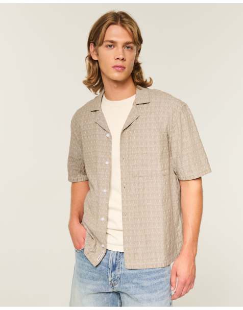 Hollister Boxy short-sleeve textured button-through shirt in dark tan - view 1