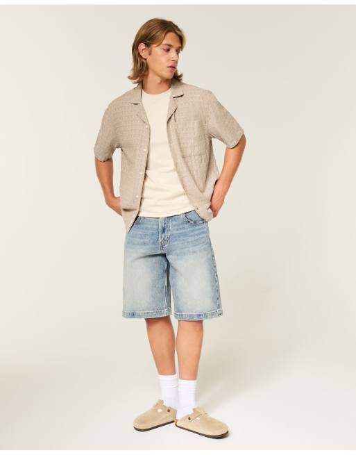 Hollister Boxy short-sleeve textured button-through shirt in dark tan, 2 of 4