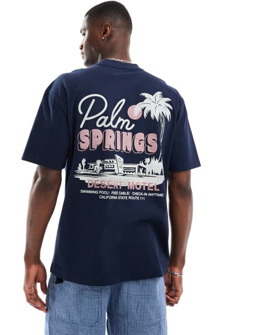 Hollister - Boxy T-shirt met 'Palm Springs'-print op de achterkant in marineblauw