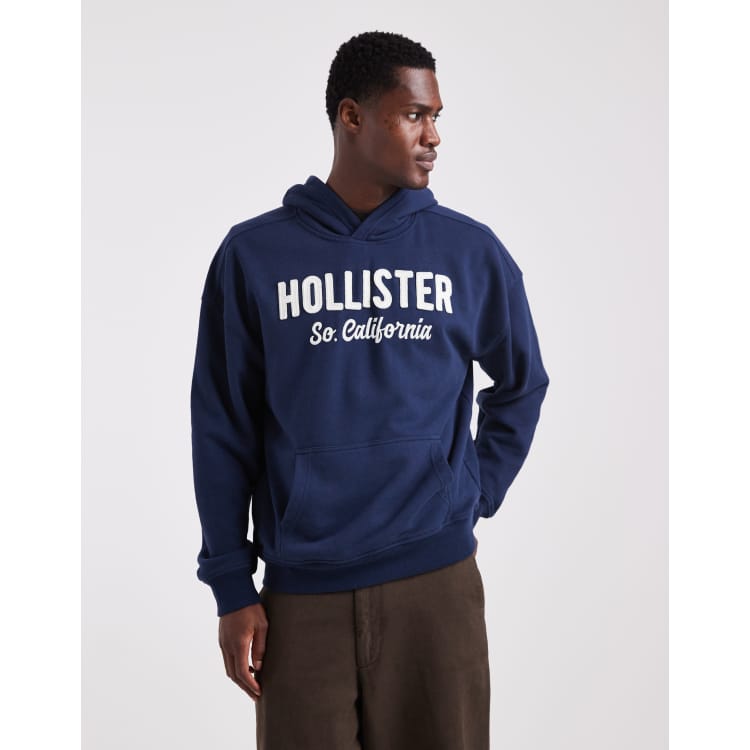 Hollister boxy terry logo hoodie in navy | ASOS