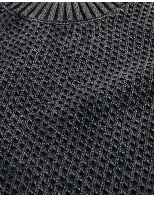 Hollister Boxy washed waffle crew sweater in charcoal, 5 of 5