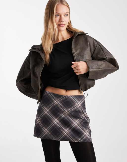 Hollister – Brązowa spódnica mini ze średnim stanem w kratkę