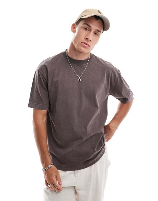 Hollister – Brązowy, gruby T-shirt o pudełkowym kroju z efektem sprania