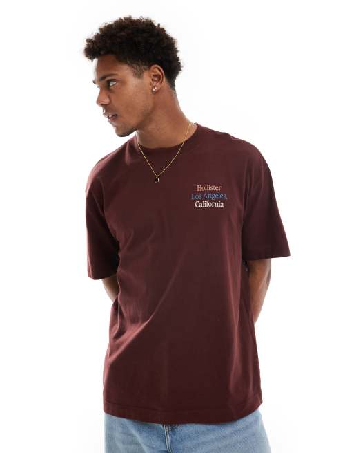 Hollister – Brązowy gruby T-shirt o pudełkowym kroju z kolorowym logo