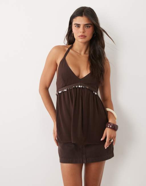 Hollister - Brun babydoll-top i boho-stil med halterneck