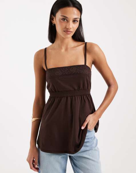 Hollister - Brun babydoll-top med camistropper og blondekant - view 1