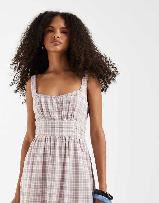 Hollister - Brun minikjole med dyb rund hals, A-form og gingham-tern , 2 af 4