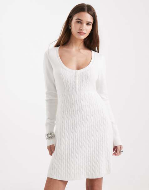 Hollister button front babydoll knitted mini dress in white