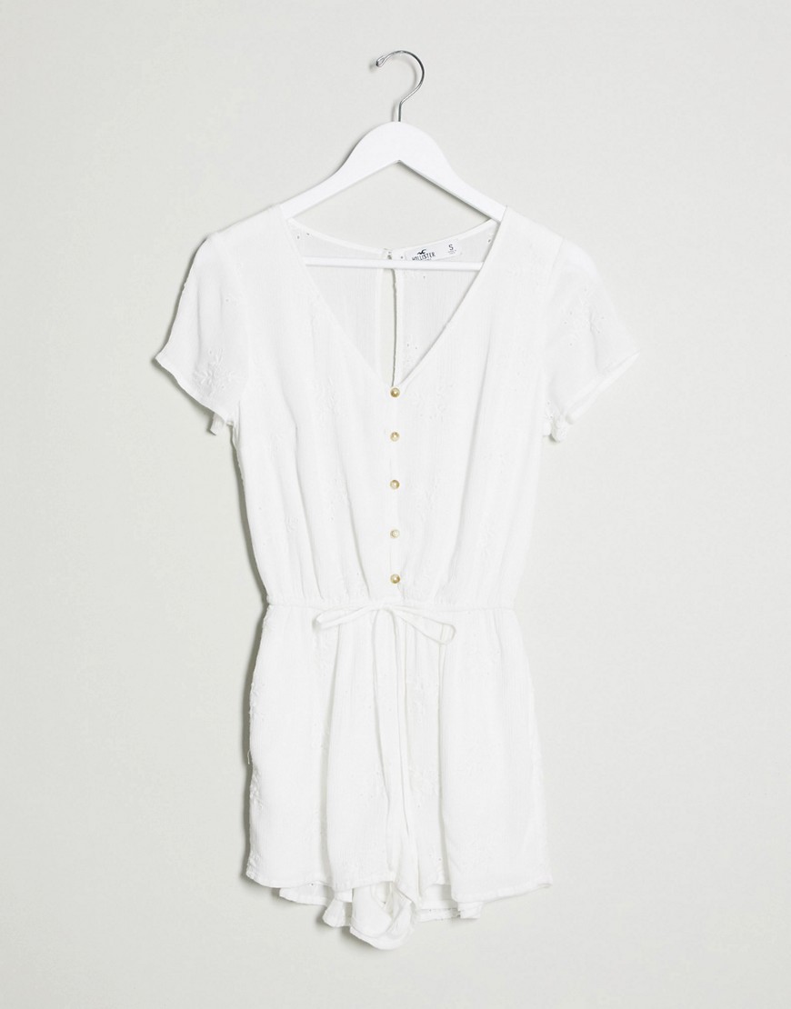 Hollister button front playsuit in ditsy floral print-White