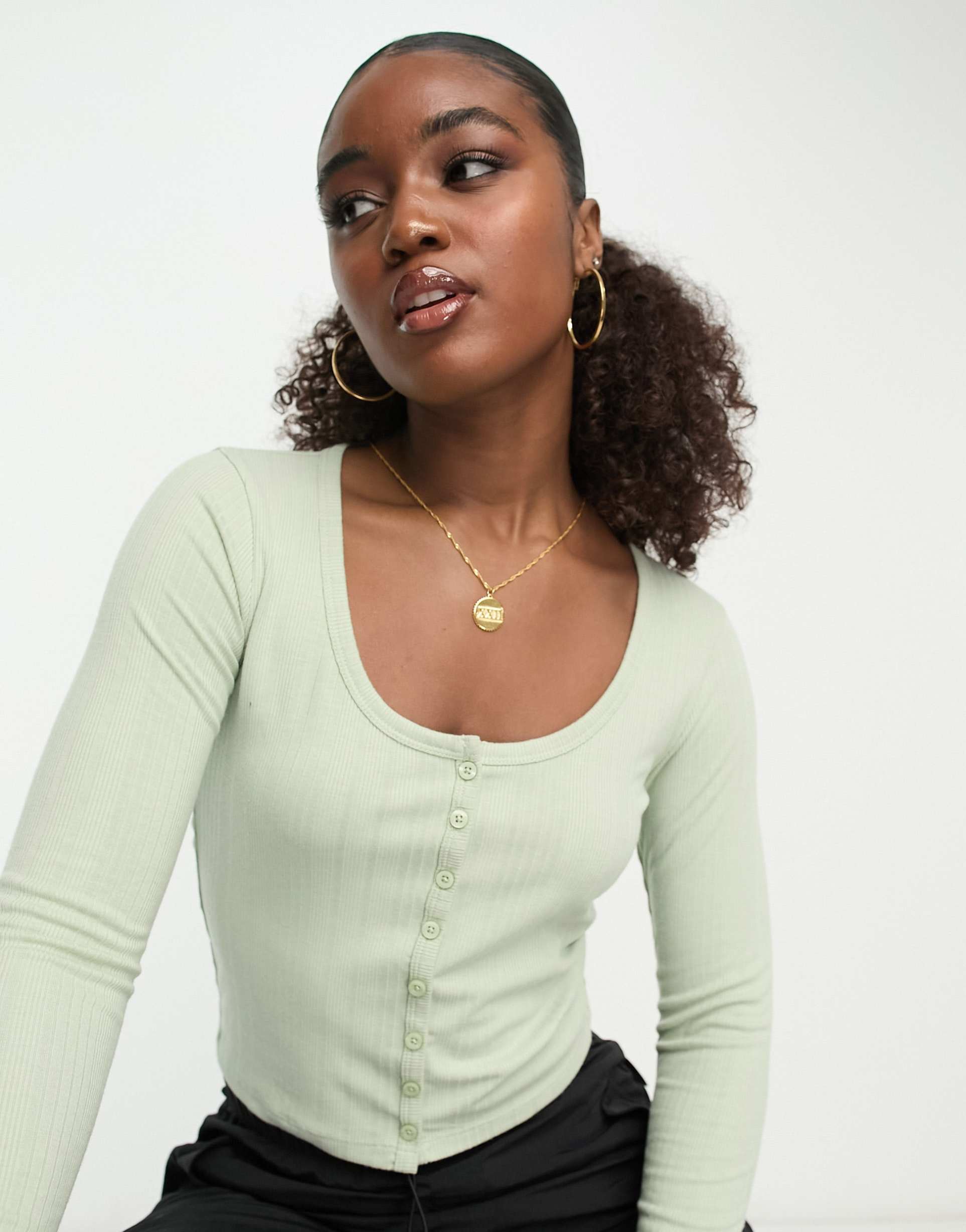 Hollister button through cardigan in sage green view 2