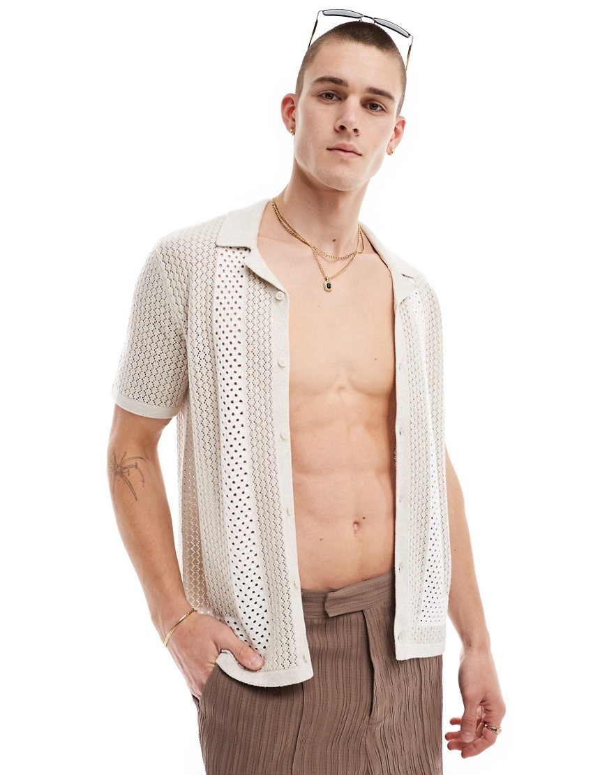Hollister button through knitted shirt in beige-Neutral