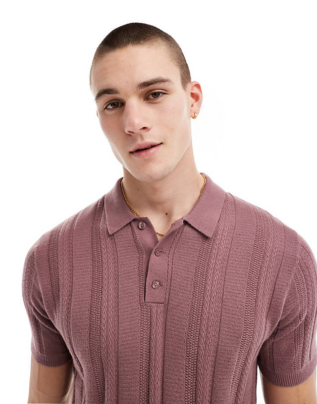 Hollister - button through knitted shirt with lace effect in dark pink