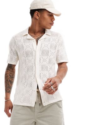 Hollister button through knitted shirt with lace effect in white