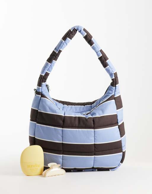 Hollister - Cabas matelassé à rayures marron et bleues, 2 de 4