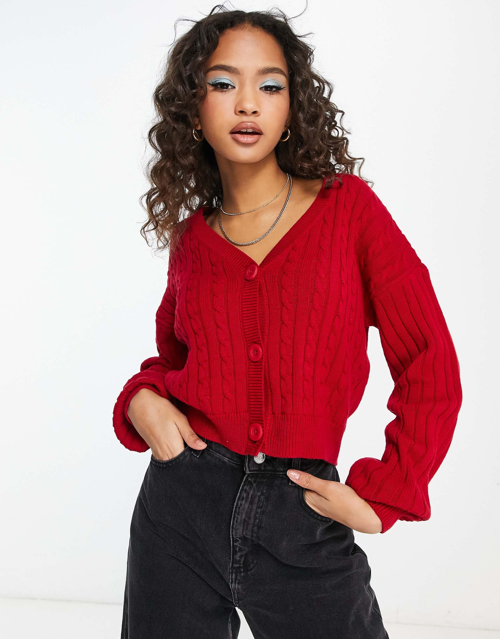 Hollister cable knit cardigan in red view 2