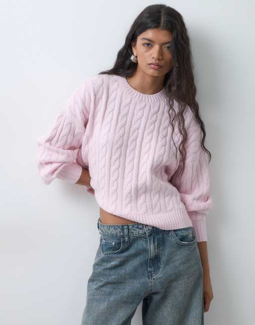 Hollister cable knit crew neck jumper in baby pink, 1 of 5
