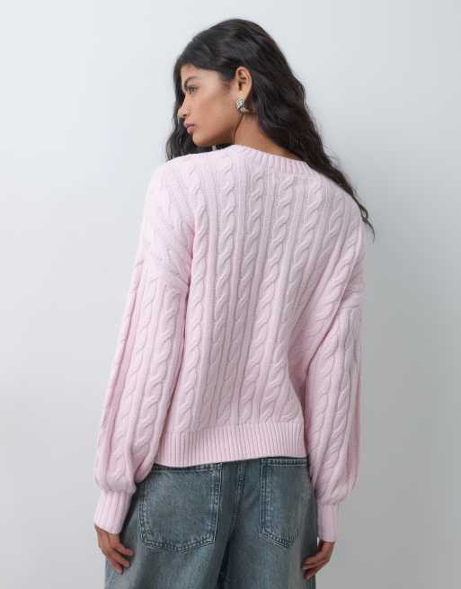 Hollister cable knit crew neck sweater in baby pink, 3 of 5