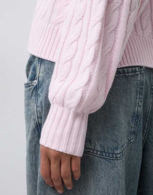 Hollister cable knit crew neck sweater in baby pink, 4 of 5
