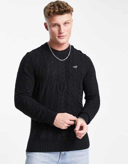 Hollister cable knit jumper in black with logo ASOS