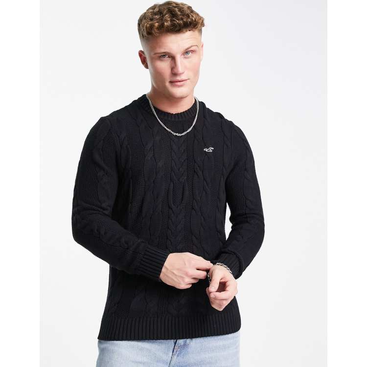 Hollister cable knit sweater in black with logo