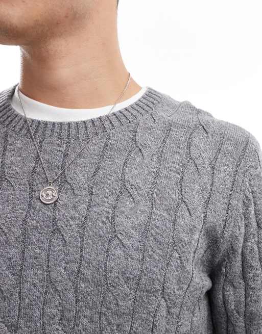 Hollister cable knitted icon detail jumper in light blue, 3 of 4
