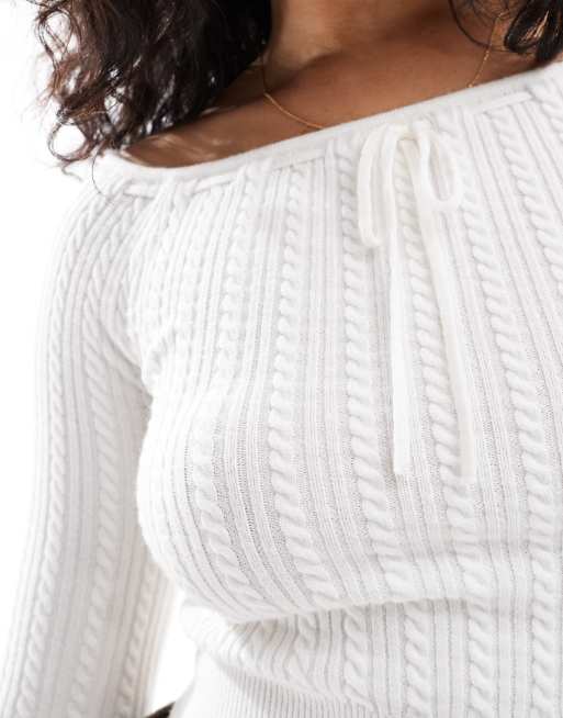 Hollister cable knitted off shoulder tie front top in cream ASOS