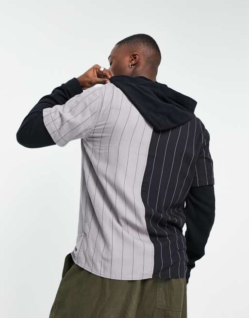 Hollister California spliced jersey hooded insert baseball shirt in black grey