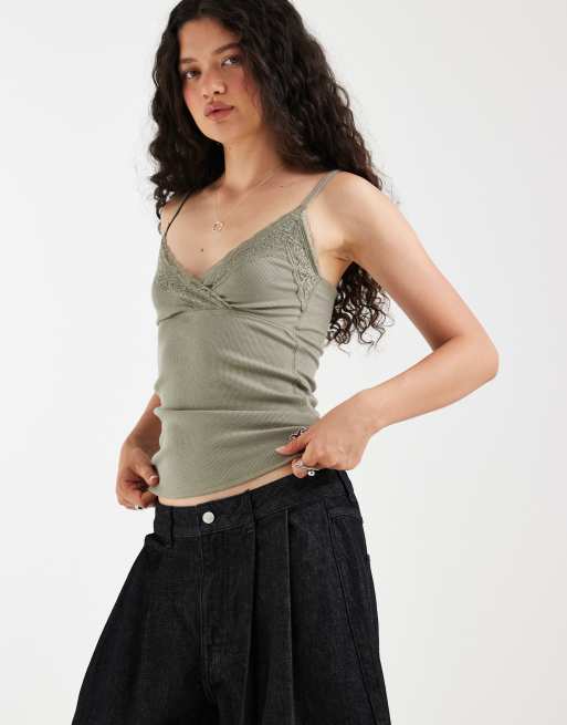 Hollister - Cami met kanten rand in kaki, 3 van 4