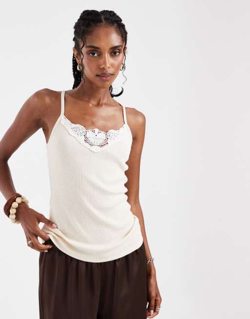 Hollister - Cami met V-hals met kant in crème, 2 van 4