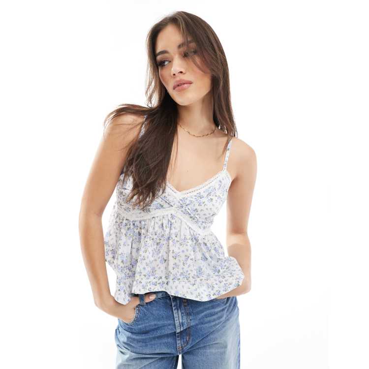 Hollister cami strap handkerchief hem top in blue floral | ASOS