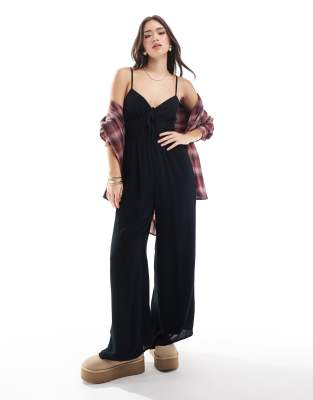 cami strap jumpsuit with double tie front detail in black