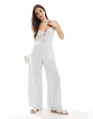 cami strap jumpsuit with double tie front detail in pinstripe-Multi