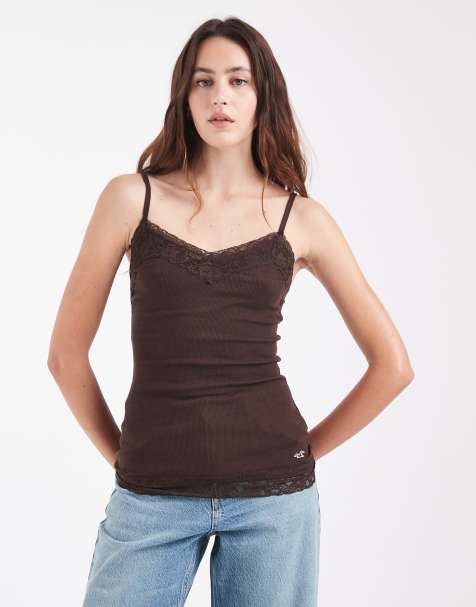 Hollister cami-top med v-hals og blondekant i brun - view 1