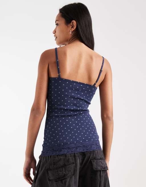 Hollister cami-topp med spetskant i marinblått prickmönster, 4 av 4