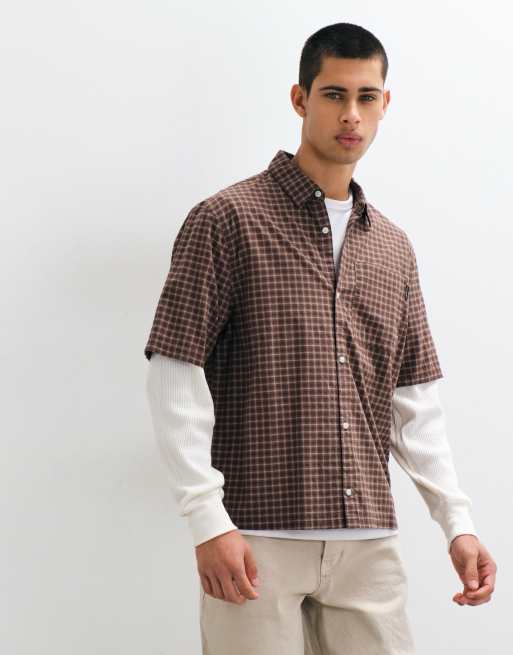 Hollister camicia 2 in 1 con maglietta a maniche lunghe a quadri marroni, 1 di 5