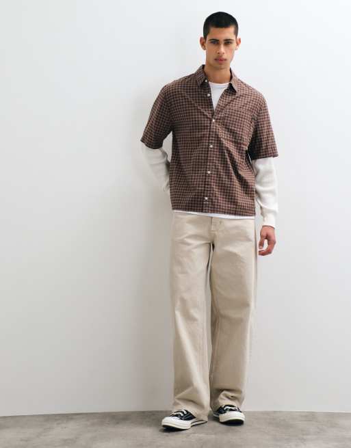 Hollister camicia 2 in 1 con maglietta a maniche lunghe a quadri marroni, 2 di 5
