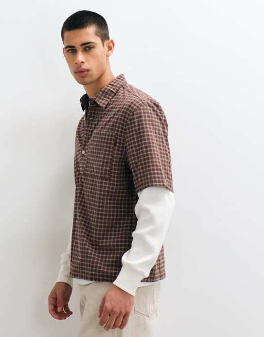 Hollister camicia 2 in 1 con maglietta a maniche lunghe a quadri marroni, 4 di 5