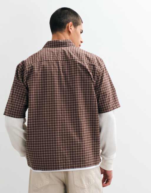 Hollister camicia 2 in 1 con maglietta a maniche lunghe a quadri marroni, 5 di 5