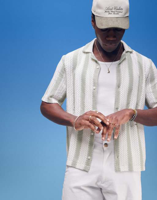 Hollister - Camicia a maniche corte all'uncinetto verde a righe a contrasto con motivo a spina di pesce