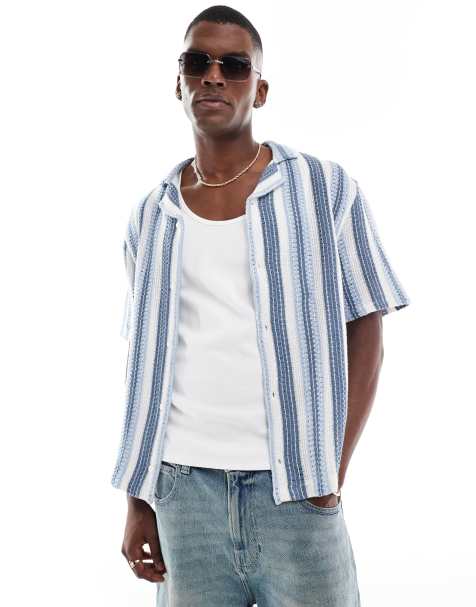 Hollister - Camicia a maniche corte blu con righe a contrasto all'uncinetto - view 1