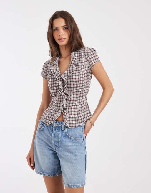Hollister - Camicia a maniche corte marrone a quadri con volant sul davanti