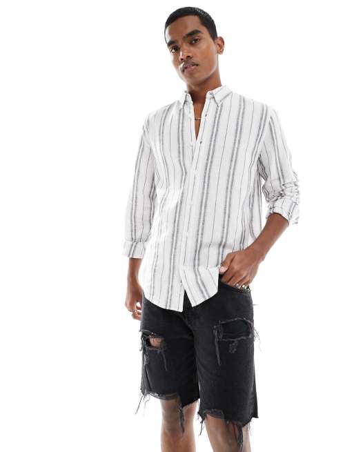 Hollister - Camicia a maniche lunghe bianca a righe in misto lino