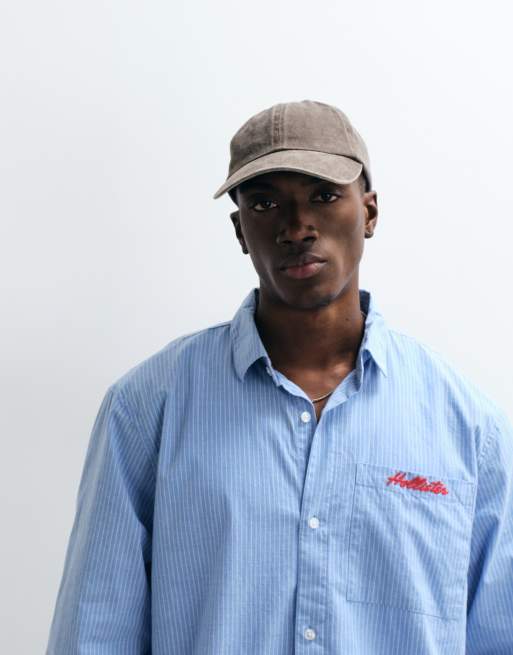 Hollister - Camicia a maniche lunghe in popeline blu con logo ricamato, 2 di 5