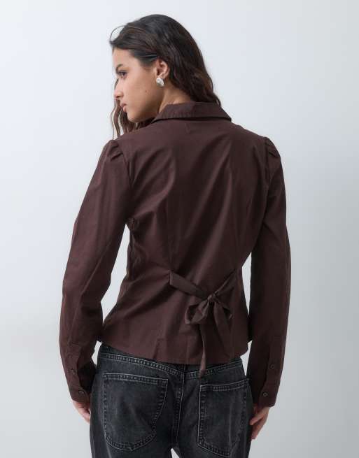 Hollister camicia aderente annodabile a maniche lunghe marrone, 3 di 5