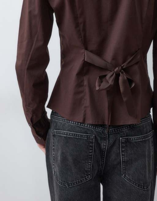 Hollister camicia aderente annodabile a maniche lunghe marrone, 5 di 5