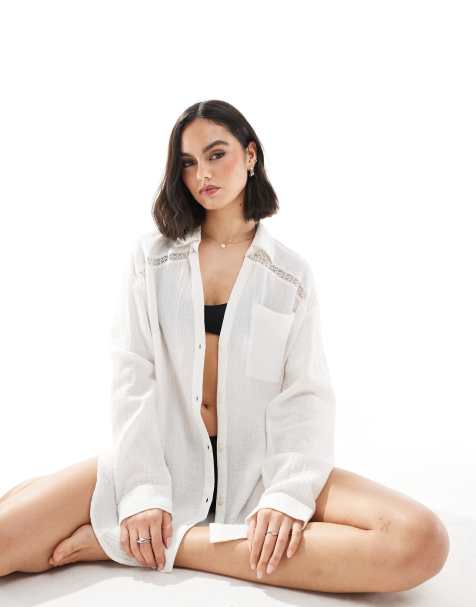 Hollister - Camicia copricostume da spiaggia a maniche lunghe con inserti all'uncinetto bianca - view 1