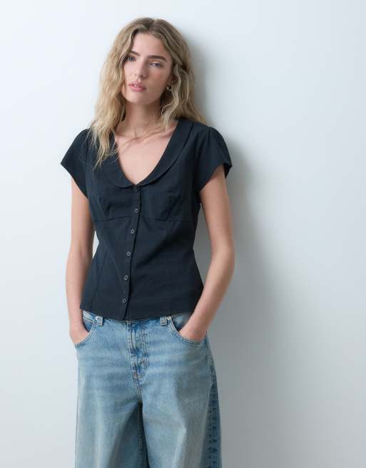Hollister camicia nera con scollo a V e maniche lunghe, aderente in vita, 1 di 5