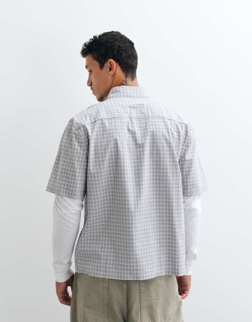 Hollister camicia squadrata con strato a maniche lunghe a quadri grigi, 5 di 5