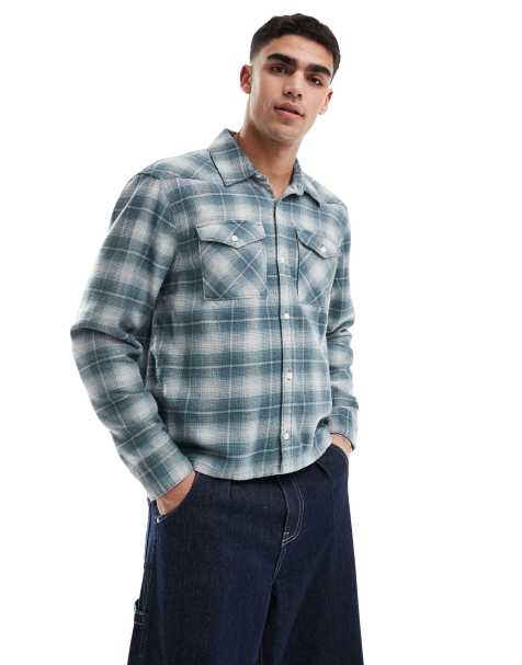 Hollister - Camicia squadrata stile western in flanella color verde-azzurro a quadri - view 1