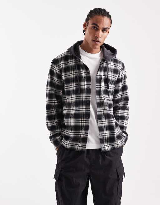 Hollister - Camicia squadrata vintage in flanella nera a quadri con cappuccio